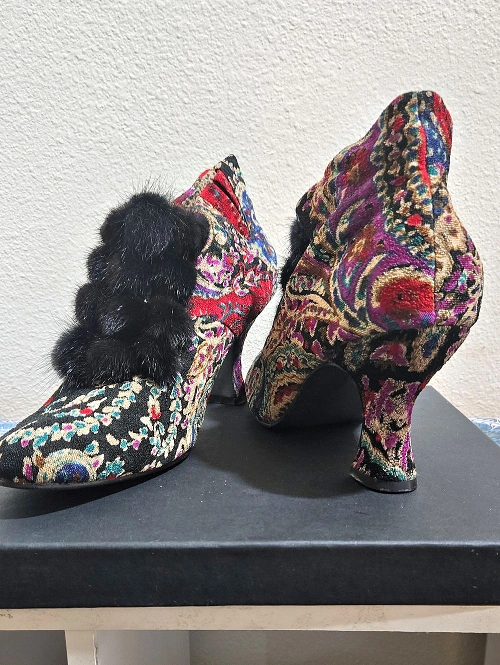 Floral Pom-Pom Heels in Black & Multicolor Brocade  New No tags Size 12